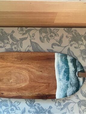 Handmade Wood Serving Board with Ocean Resin Edge - Blue & White